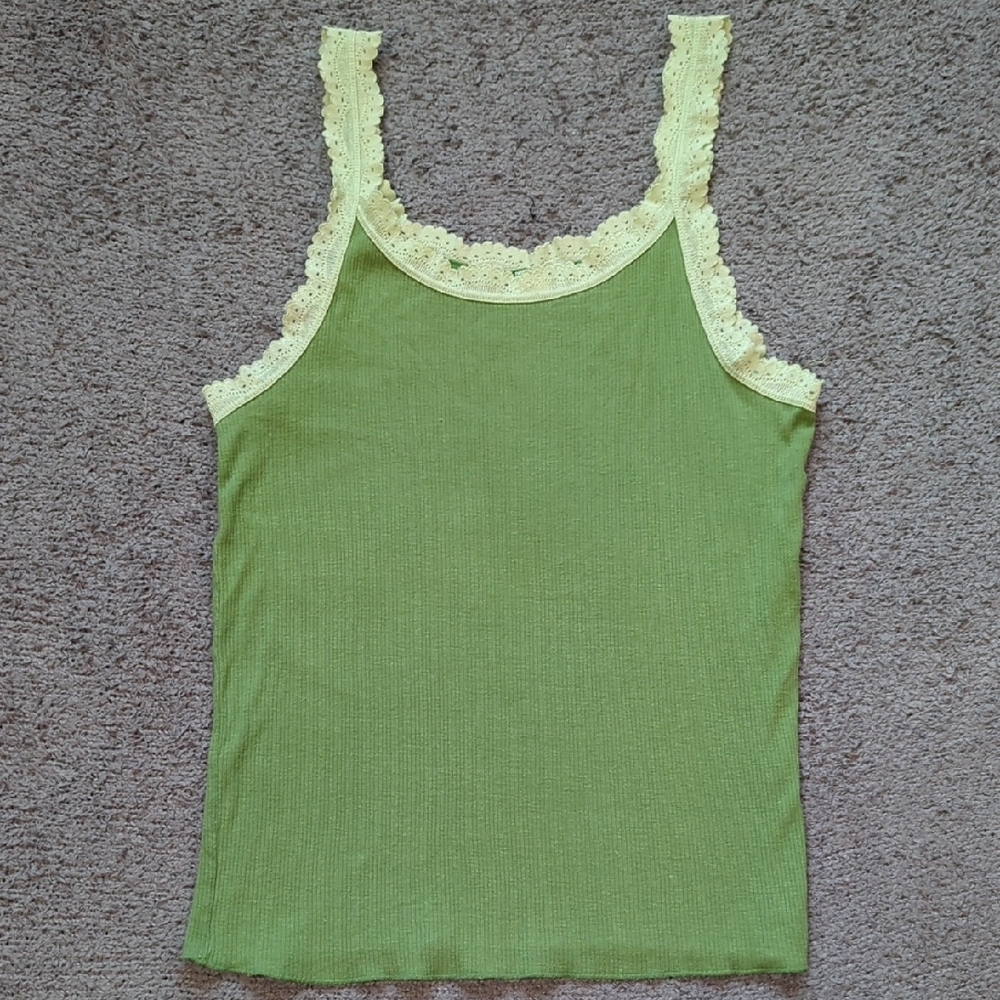 Lace Trim & Ribbed Green Tank Top